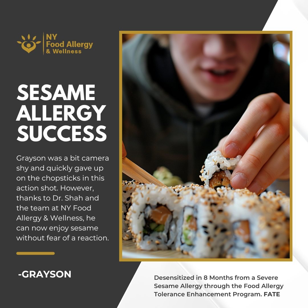 🍣 Sesame Allergy Success Story: Meet Grayson! 🌟 Although he was a bit camera shy and set aside the chopsticks during this photo, Grayson has made incredible progress. With the dedicated support of Dr. Shah and the team at NY Food Allergy &amp; Well