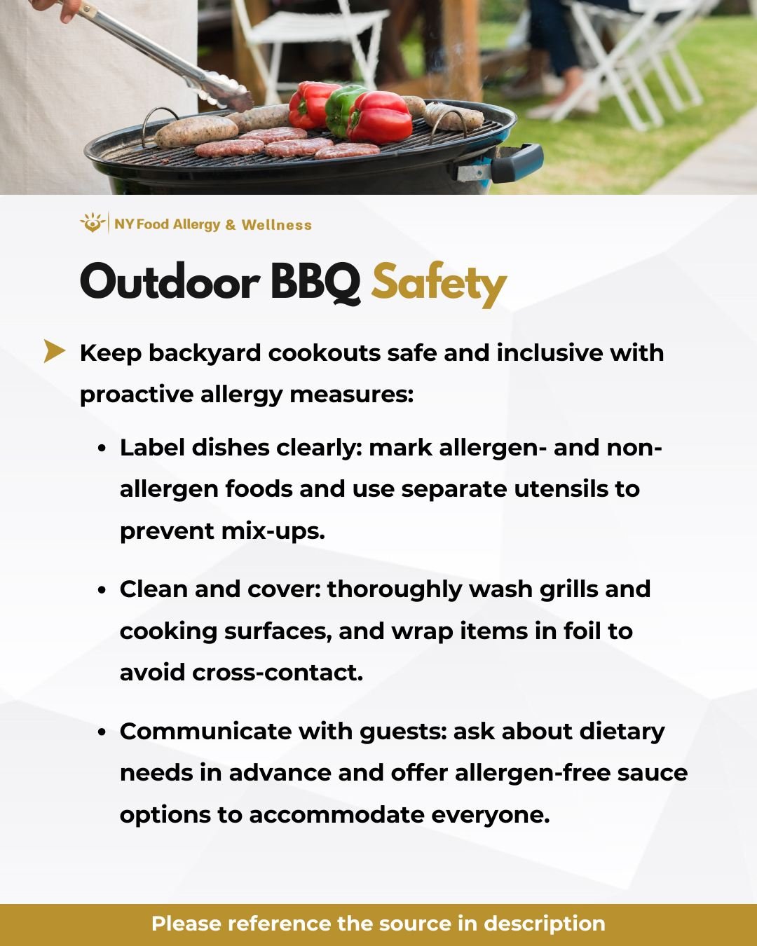 🍔🔥 Outdoor BBQ Safety
Keep backyard cookouts safe & inclusive with allergy-smart measures:
• Label dishes clearly: mark allergen vs. non-allergen foods & use separate utensils to prevent mix-ups.
• Clean & cover: thoroughly wa