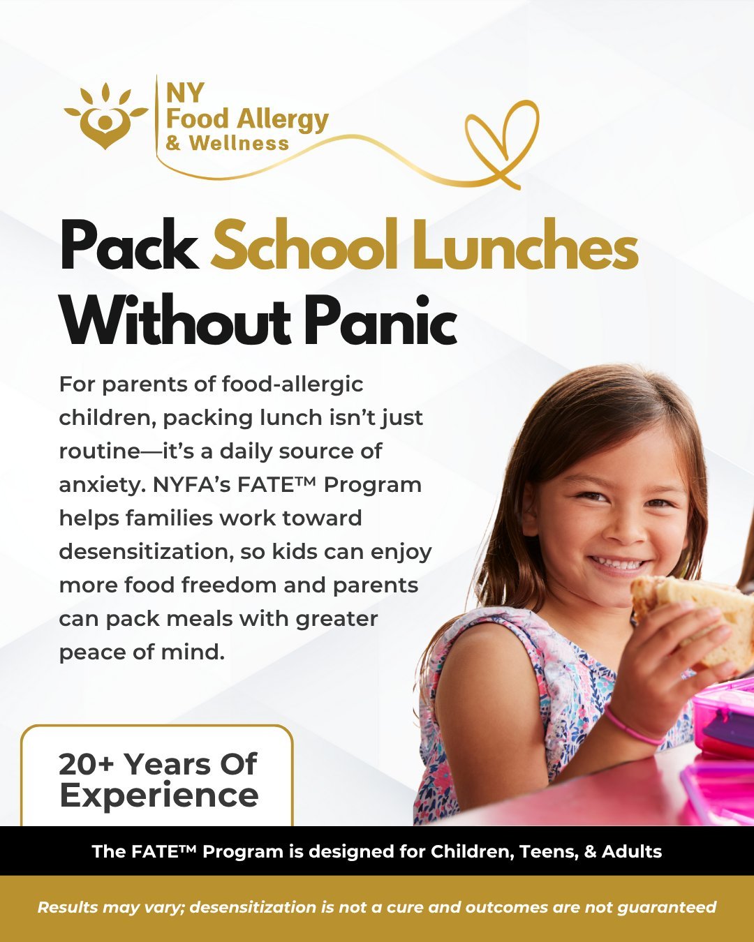 Lunch shouldn’t be a daily source of fear. NYFA’s FATE™ Program helps families work toward desensitization—so kids can eat with confidence and parents can breathe easier. 🎒🍎
✨ Why Choose the FATE™ Program?
✔️ Safe &am