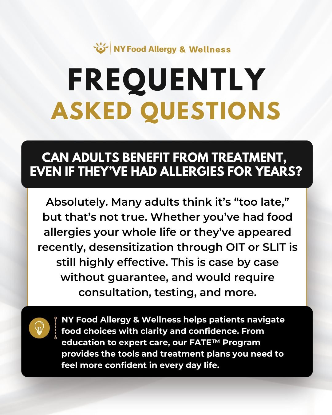 Think it’s too late to treat lifelong food allergies? Think again. ⏳ Adults of all ages have had success with OIT & SLIT through our FATE™ Program. Whether new or lifelong, we’ll help you build tolerance and reclaim freedom. Not