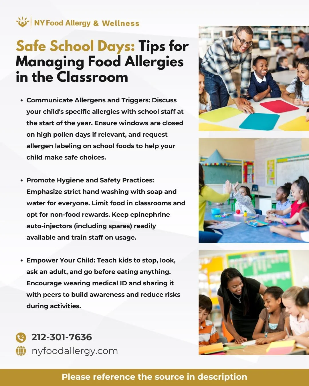 Make school days safer with these food allergy tips! 🧼 Teach hygiene, empower your child with medical IDs, and communicate with staff. 📖 Let’s ensure a worry-free learning environment! 🌱
Source: American Academy of Allergy, Asthma & Im