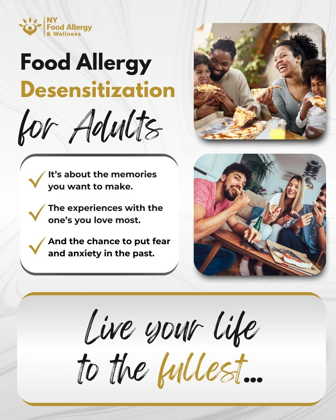 Life’s best moments shouldn’t be overshadowed by fear of food allergies. NYFA helps adults work toward desensitization, so you can enjoy meaningful memories, shared meals, and time with loved ones with greater peace of mind.
Visit nyfood