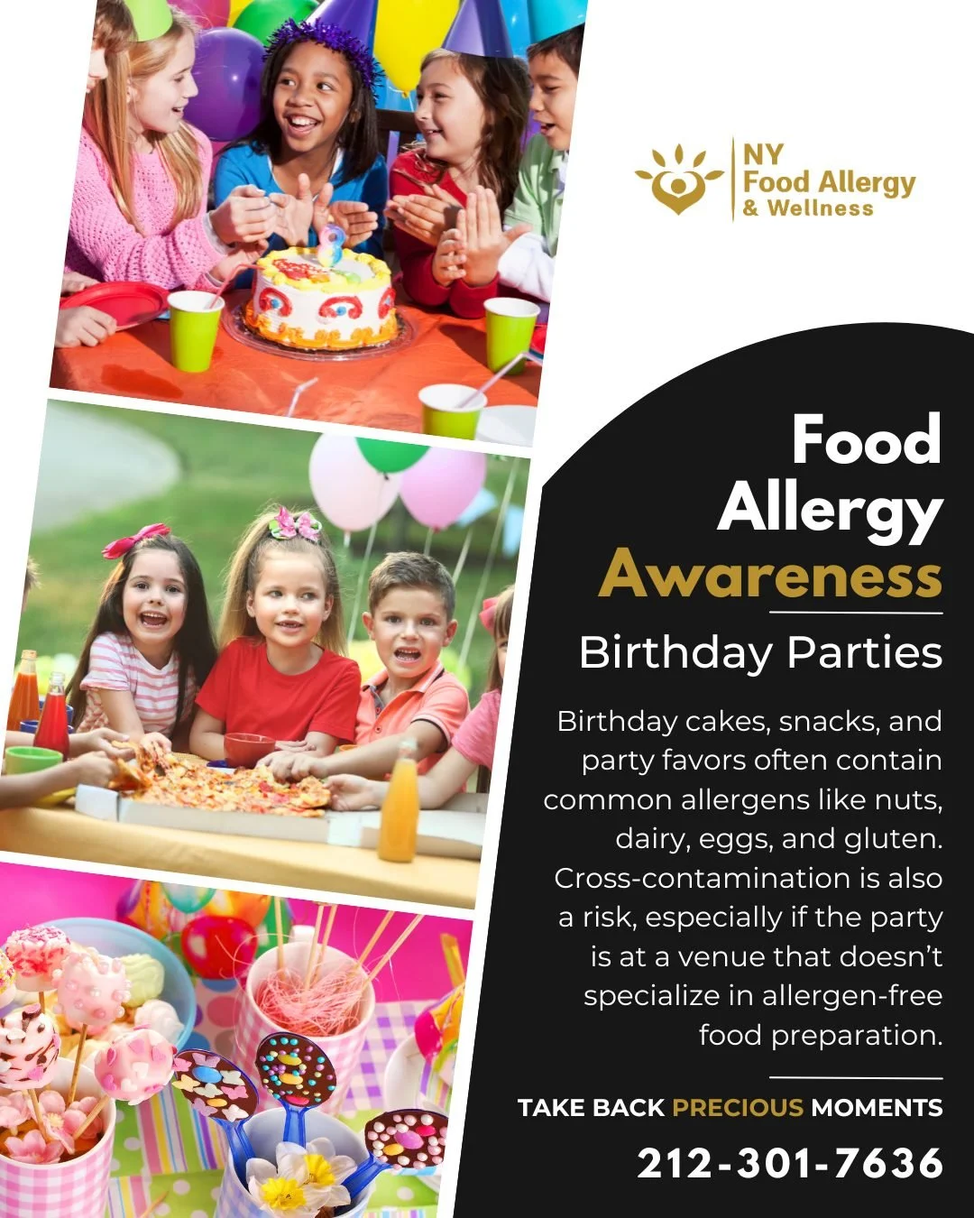 Birthday cakes, snacks, and party favors often contain common allergens like nuts, dairy, eggs, and gluten. Cross-contamination is another risk—especially if the venue isn’t allergen-aware. NYFA helps families navigate these challenges, s