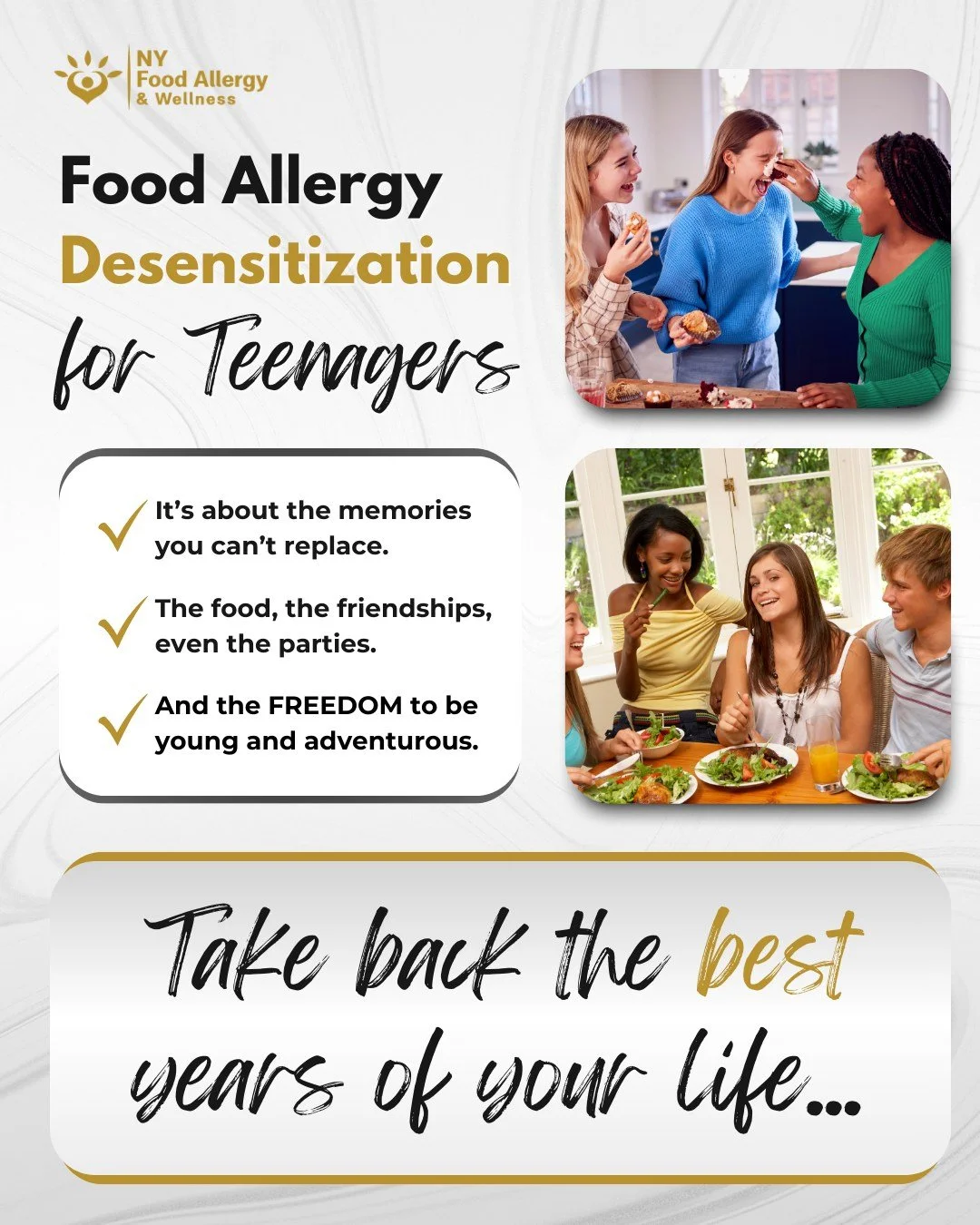 Teen years should be filled with friendships, fun, and freedom—not limited by food allergies. At NYFA, we support teenagers in working toward desensitization, so they can enjoy meals, parties, and adventures with more confidence.
Visit nyfooda
