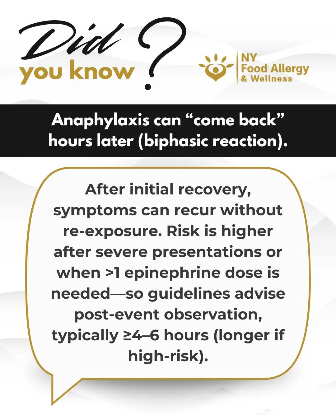 Biphasic anaphylaxis = symptoms that return after you felt better—sometimes hours later. 🔁⏱️ Higher risk if the first reaction was severe or needed more than one epinephrine. That’s why ED observation matters. If this happens to you, rev