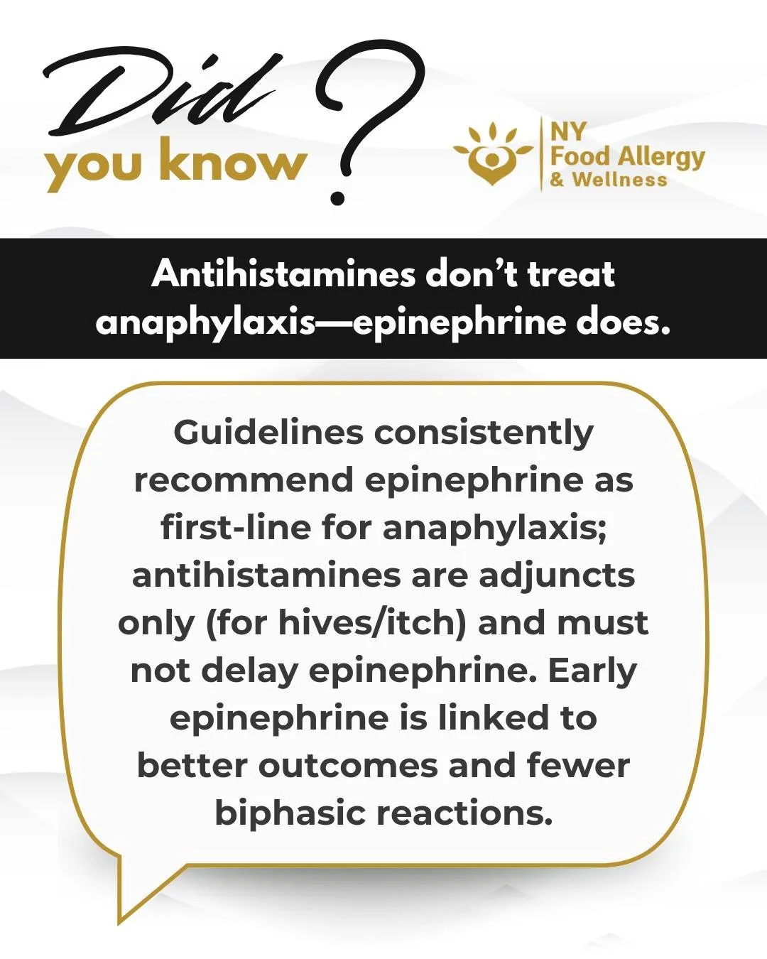 In a severe reaction, go straight to epinephrine. 💉⏱️ Antihistamines can ease itching, but they won’t stop anaphylaxis or low blood pressure. Use your auto-injector and call 911. 📲
Source: 2020 & 2023 JACI practice parameters; CDC clinica