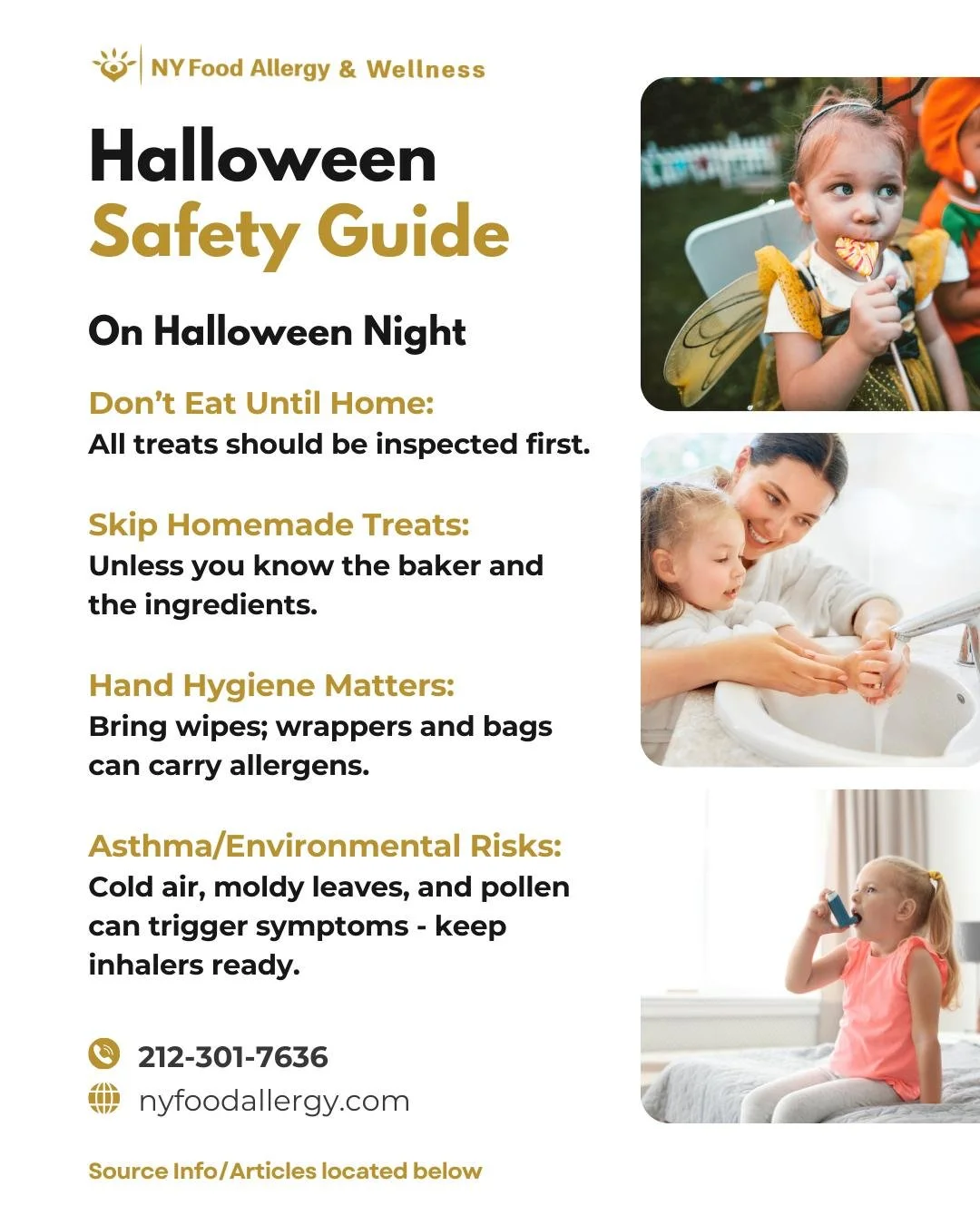 🌙 Trick-or-Treat Safely!
🍭 Don’t eat candy until you’re home and treats have been inspected.
🚫 Skip homemade treats unless you personally know the baker & ingredients.
🧼 Bring wipes — candy wrappers & bags can carry alle