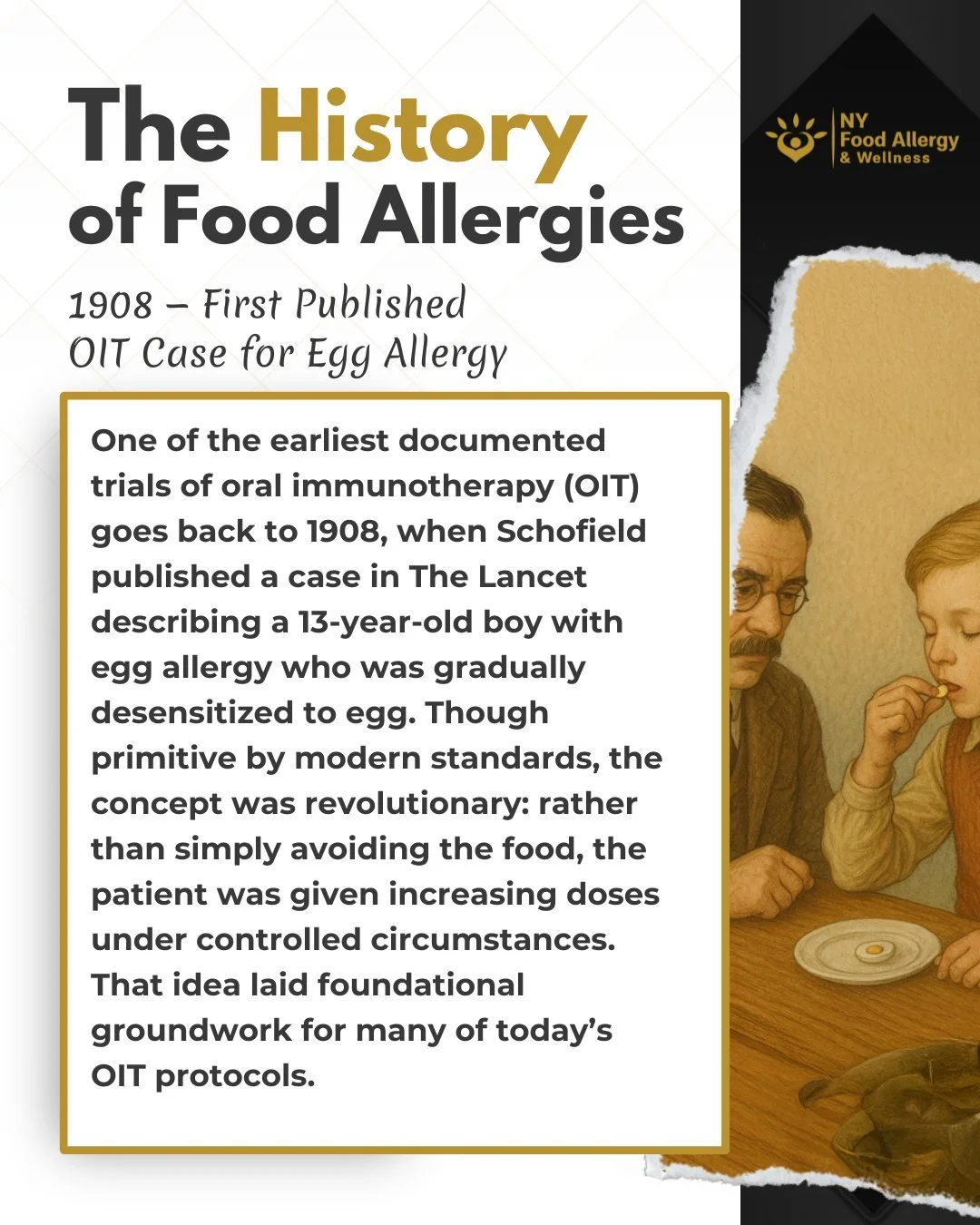 Food allergy treatment isn’t as “new” as you might think! ✨
In 1908, a physician named Schofield published a remarkable case in The Lancet: a 13-year-old boy with egg allergy was gradually desensitized by eating small, increasing am