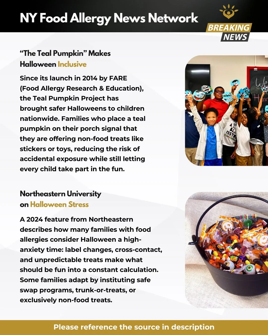 Making Halloween inclusive for kids with food allergies has been a game-changer since FARE launched the Teal Pumpkin Project in 2014. Families who place a teal pumpkin on their porch show they&rsquo;re offering non-food treats like stickers or toys &