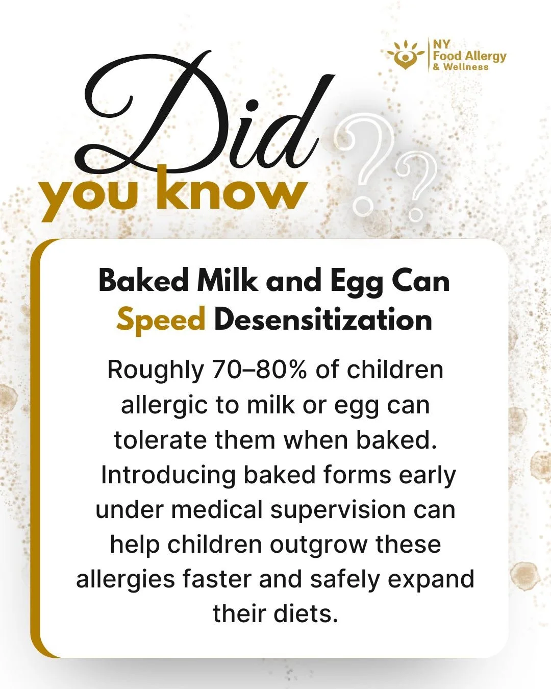 Up to 80% of kids with milk or egg allergies can safely tolerate these foods when baked into muffins or cookies 🧁🥛 When done under allergist supervision, introducing baked milk or egg early may even help kids outgrow their allergies faster.
🩺 Sou