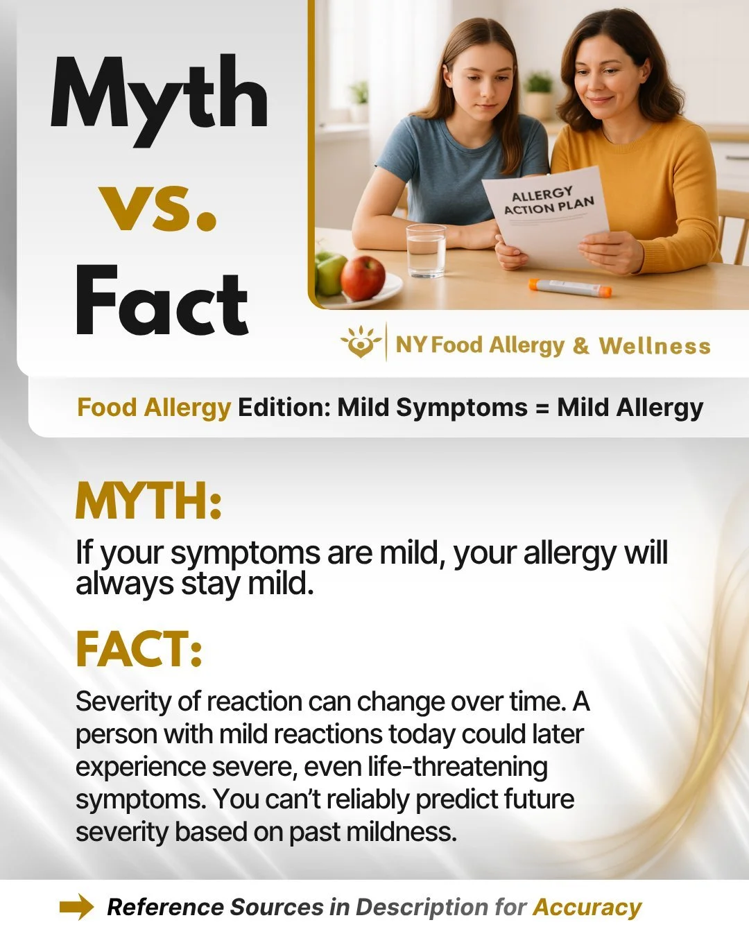 🤒 Myth vs Fact: Mild Symptoms = Mild Allergy
MYTH: If your symptoms are mild, your allergy will always stay mild.
FACT: The severity of allergic reactions can change over time. A person with mild reactions today could later experience severe or lif