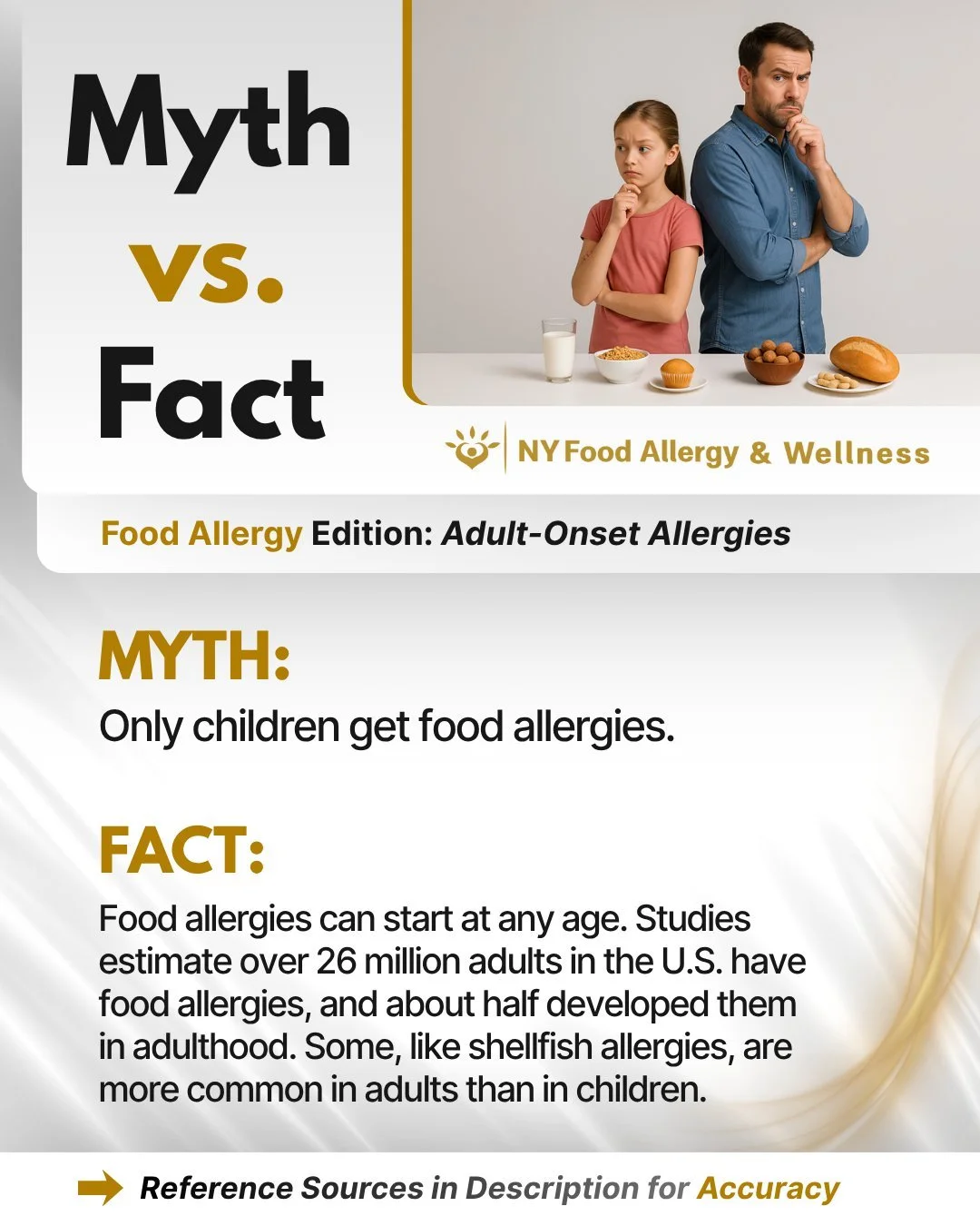 🧍‍♂️ Myth vs Fact: Adult-Onset Allergies
MYTH: Only children get food allergies.
FACT: Food allergies can start at any age. Studies estimate over 26 million adults in the U.S. have food allergies, and about half developed them in adulthood. Cer