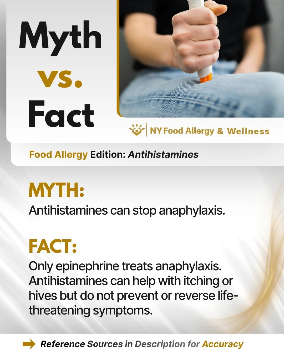 🩺 Myth vs Fact: Antihistamines
MYTH: Antihistamines can stop anaphylaxis.
FACT: Only epinephrine treats anaphylaxis. Antihistamines may help with itching or hives, but they do not prevent or reverse life-threatening symptoms.
💡 According to Anaph