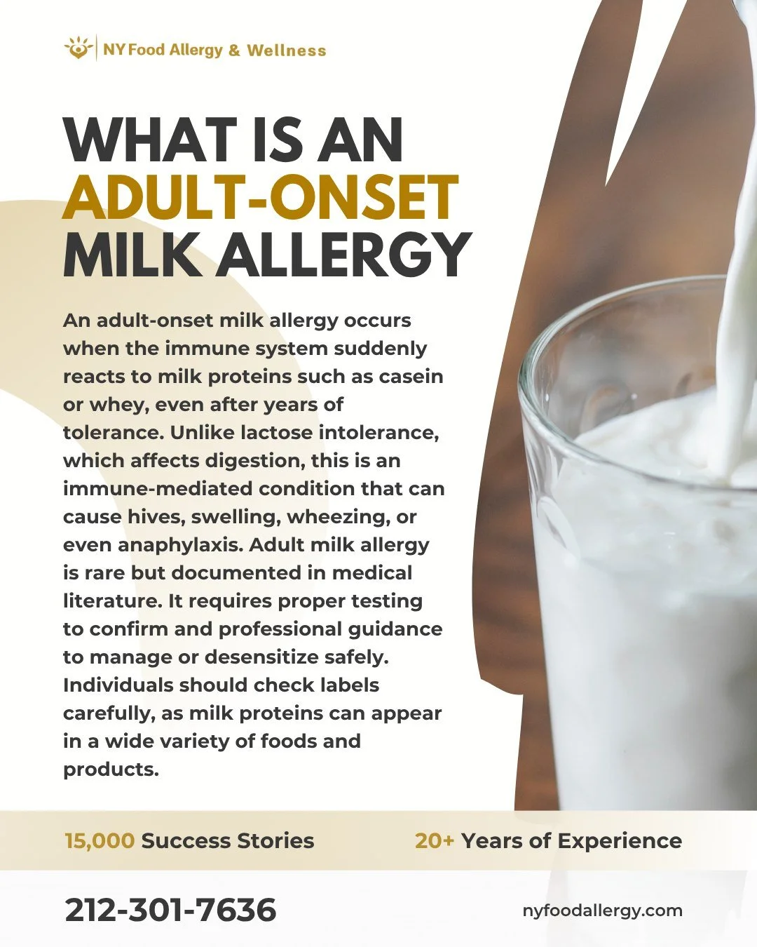 🥛 Adult-Onset Milk Allergy
Surprised by sudden reactions to dairy? 🥛
An adult-onset milk allergy can develop even after years of tolerance. This immune-based allergy targets proteins such as casein and whey, not lactose, and may cause hives, swell
