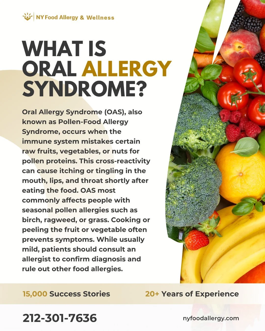 🍎 Oral Allergy Syndrome (OAS)
Did you know? 🍏
Oral Allergy Syndrome (OAS), also known as Pollen-Food Allergy Syndrome, happens when your immune system confuses proteins in certain raw fruits, vegetables, or nuts for pollen. This cross-reaction can