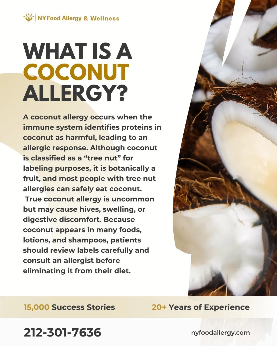🥥 Coconut Allergy
Is coconut really a tree nut? 🥥
Not exactly — it’s technically a fruit! While the FDA includes coconut under “tree nuts” for labeling purposes, most people with tree-nut allergies can still eat coconut saf