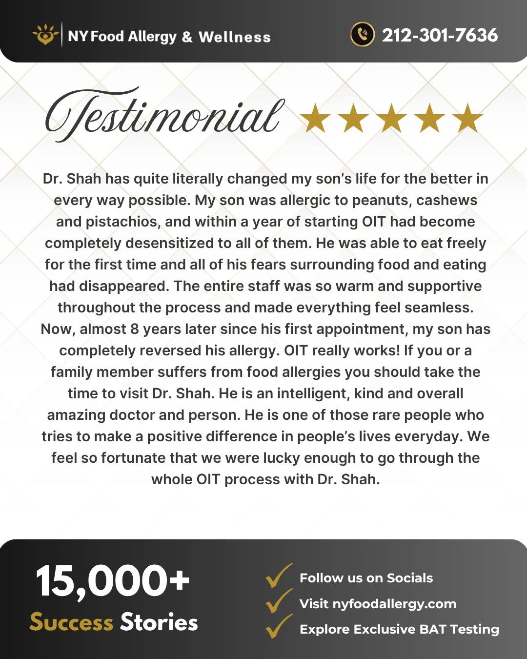 💬 &ldquo;Dr. Shah has quite literally changed my son&rsquo;s life for the better&hellip;&rdquo;
From avoiding peanuts, cashews, and pistachios to eating freely again. 

Stories like this show the real impact of personalized care. 🌟

Through the FAT