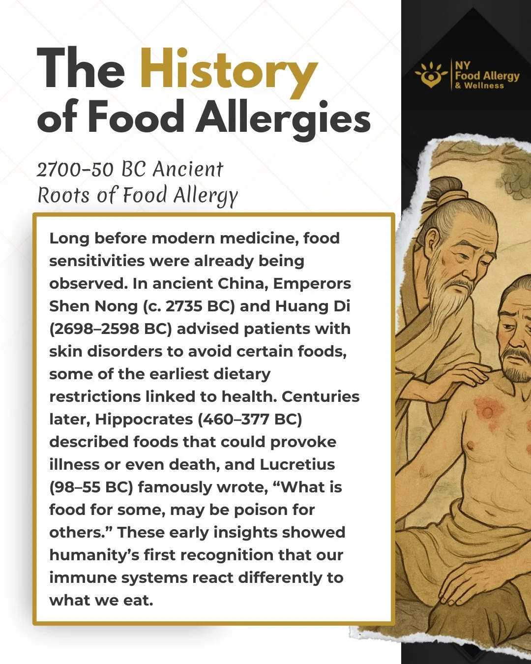 👑🍃 Long before modern science, ancient healers already suspected food could harm some and heal others.

Chinese Emperors Shen Nong (2735 BC) and Huang Di (2698&ndash;2598 BC) advised patients with skin disorders to avoid certain foods.

Centuries l