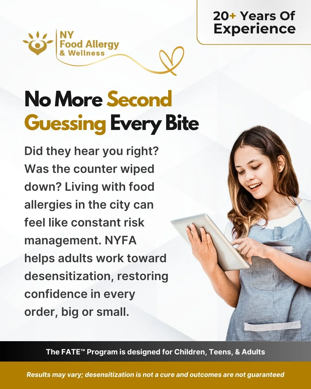 🗽 No More Second Guessing Every Bite

🥖 Did they hear you right? Was the counter wiped down? Living with food allergies in the city shouldn&rsquo;t feel like constant risk management. NYFA helps adults work toward desensitization&mdash;so confidenc