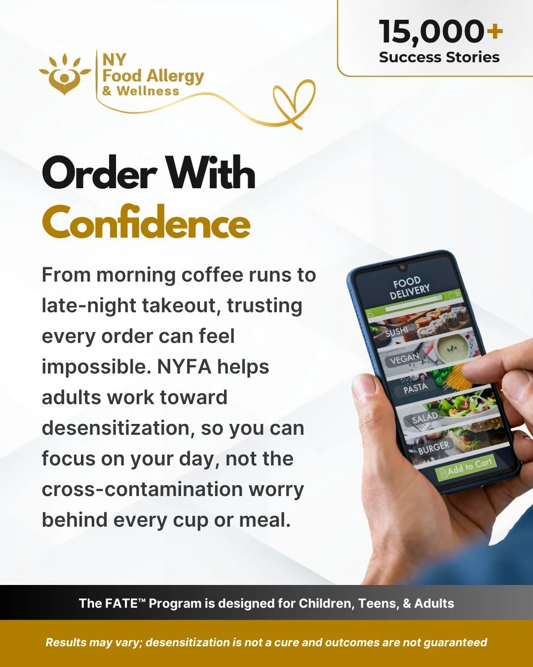 ☕ Order With Confidence

🥡 From morning coffee runs to late-night takeout, trusting every order can feel impossible. NYFA helps adults work toward desensitization&mdash;so you can focus on your day, not the fear of cross-contamination.

#FoodAllergy