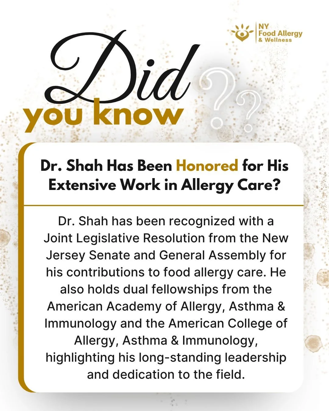 🏅 Excellence recognized. Dr. Shah received a Joint Legislative Resolution from the New Jersey Senate and General Assembly for his dedication to advancing food allergy care. With dual fellowships from AAAAI and ACAAI, his leadership continues to shap