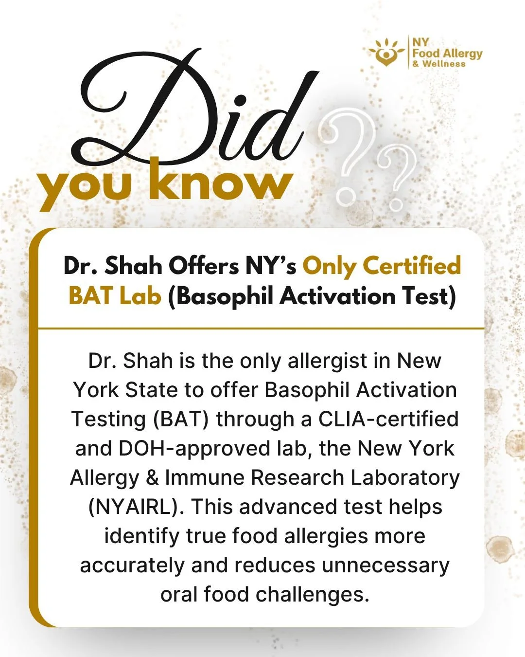 🔬 Precision matters. Dr. Shah is the only allergist in New York State offering Basophil Activation Testing (BAT) through the CLIA-certified, DOH-approved NYAIRL Lab &mdash; providing more accurate diagnosis and reducing unnecessary oral food challen