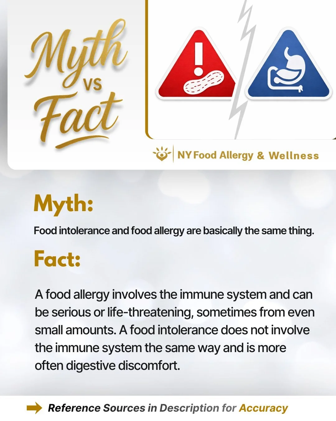 🤔🥛 MYTH: Food intolerance and food allergy are basically the same thing.
✅ FACT: A food allergy involves the immune system and can be serious or life-threatening, sometimes from even small amounts. A food intolerance does not involve the immune sys