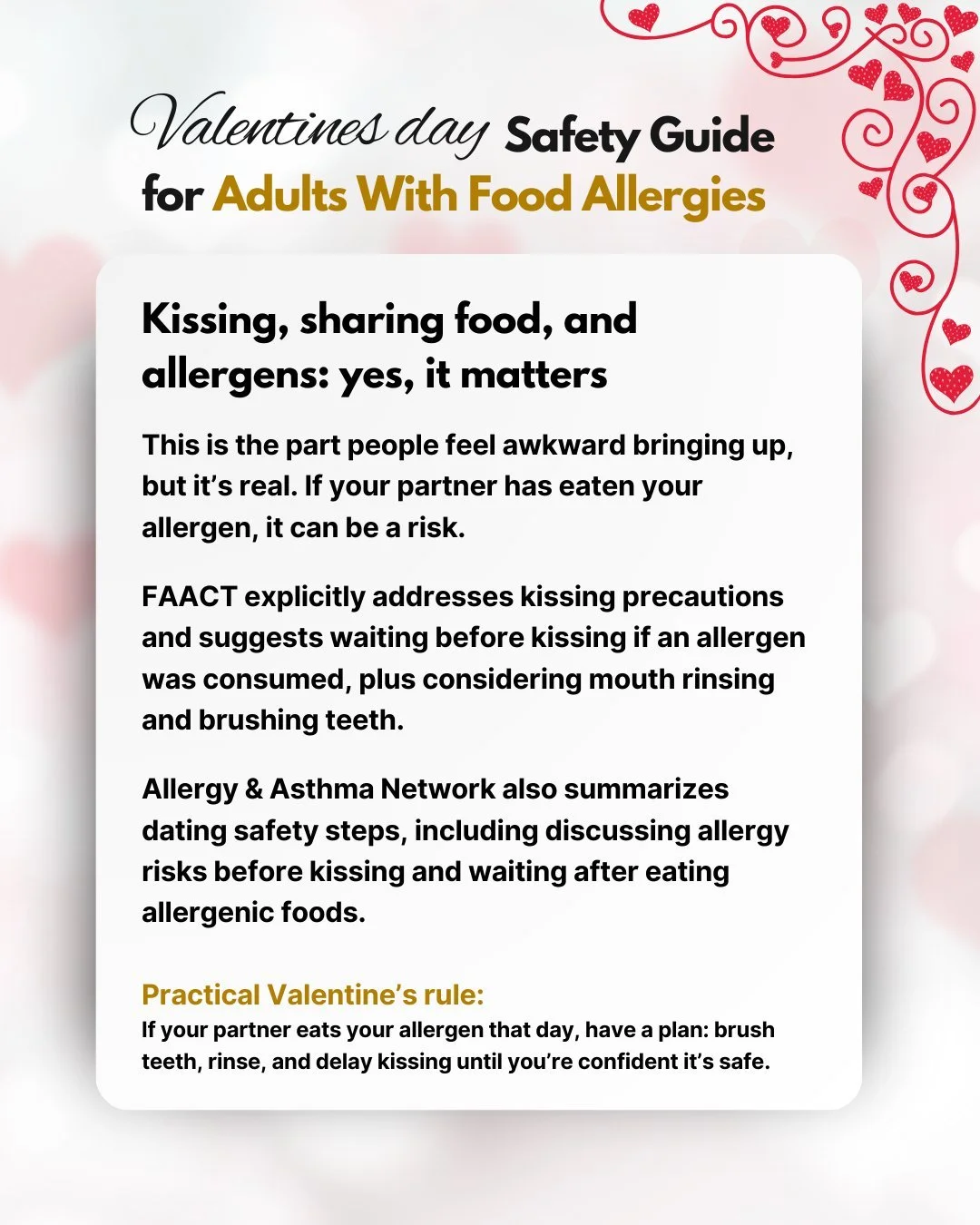 💘 Kissing, sharing food, and allergens: yes, it matters.

If your partner has eaten your allergen, saliva can still pose a risk, even if it feels awkward to bring up. Have a simple plan before the date:

🗣️ Tell them your allergen early (no guessin
