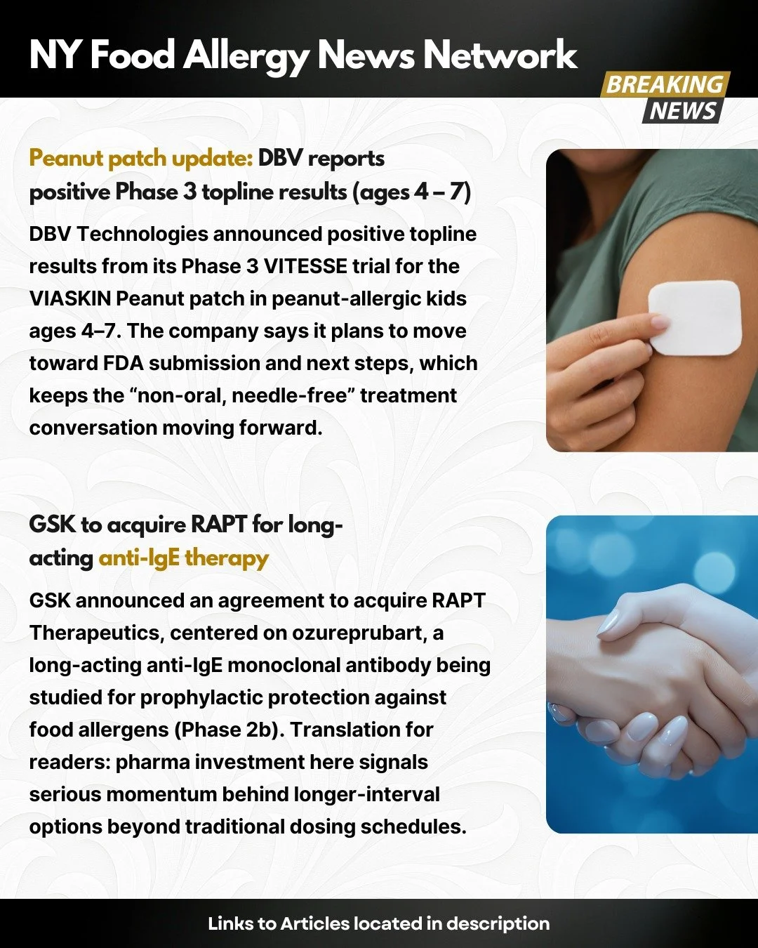 🩹 Peanut patch update: DBV reports positive topline Phase 3 results from the VITESSE trial of the VIASKIN Peanut patch in peanut-allergic children ages 4&ndash;7, and says it plans to move toward FDA submission and next steps.

🤝 Anti-IgE momentum: