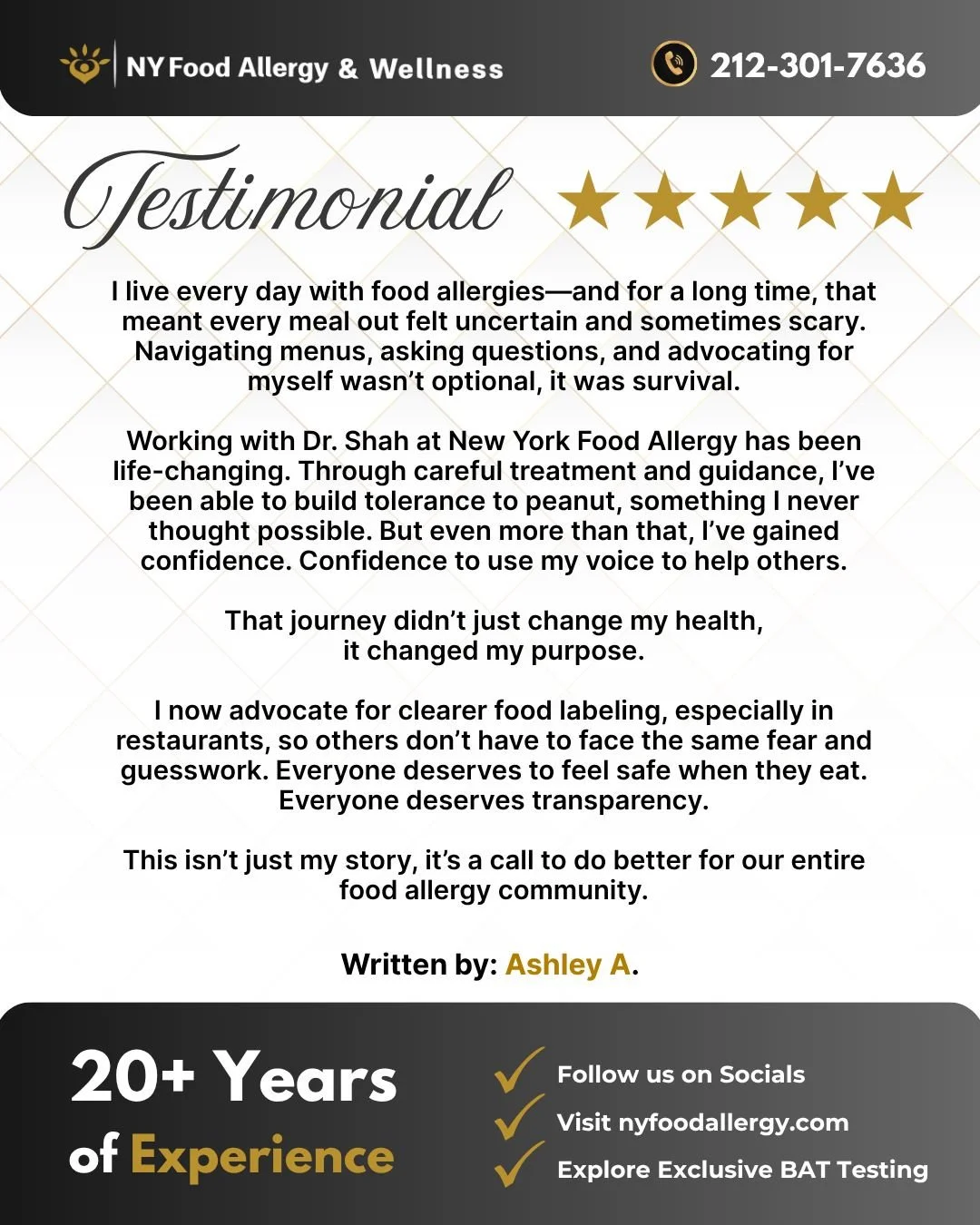 Living with food allergies can mean constant uncertainty, fear, and second-guessing every meal. For Ashley, that reality changed through personalized care and guidance at NY Food Allergy &amp; Wellness.

Through treatment, she didn&rsquo;t just build