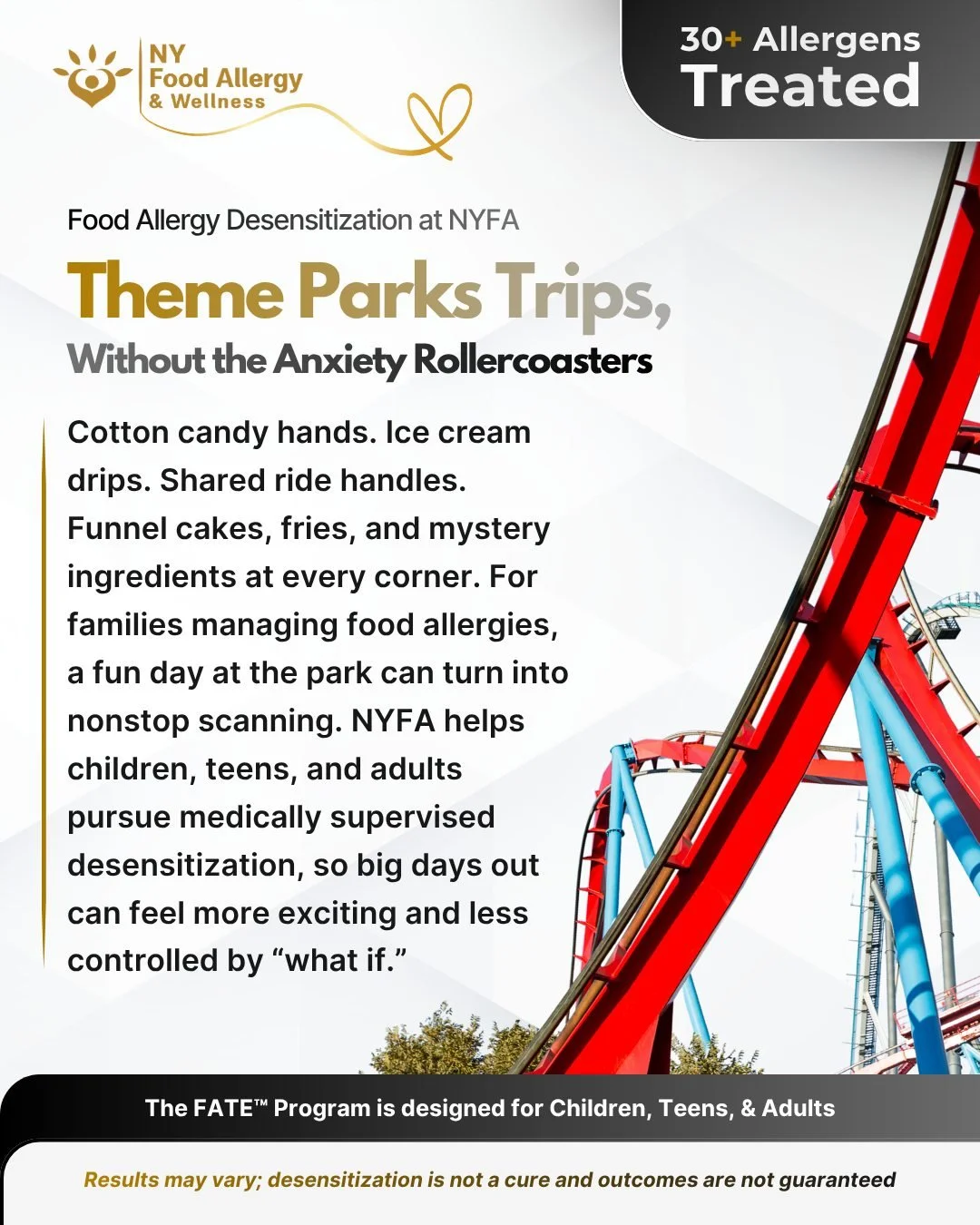 🎢 Theme park days should feel exciting, not overwhelming.

For families managing food allergies, cotton candy hands, ice cream drips, shared ride handles, funnel cakes, and mystery ingredients can turn a fun day out into nonstop scanning.

At NYFA, 