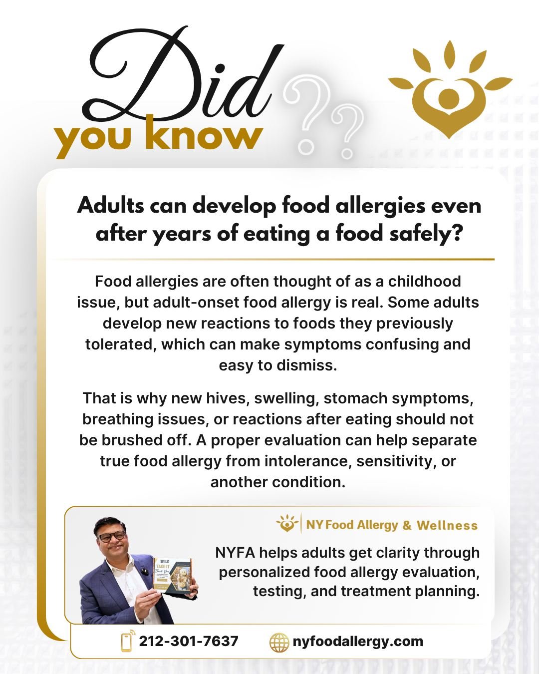 Food allergies do not always start in childhood. 🧑&zwj;🦱⚠️

Adults can develop new food allergies, even to foods they have eaten safely for years. That can make symptoms confusing, especially when someone assumes, &ldquo;I&rsquo;ve always eaten thi