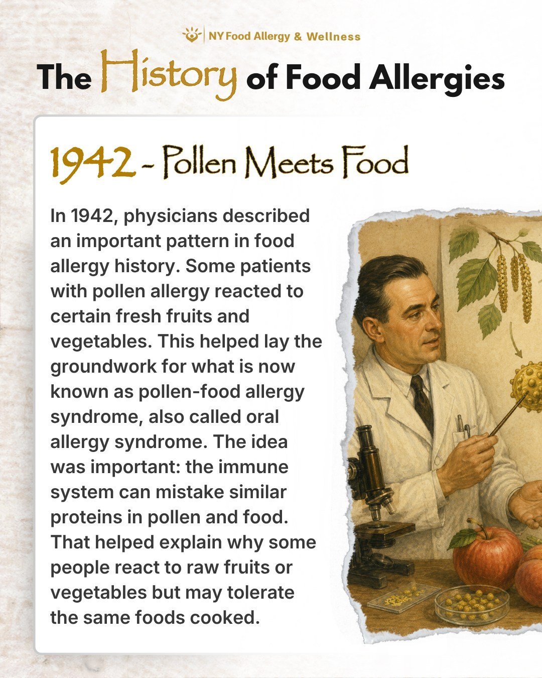 🍎🌿 Sometimes a food reaction is connected to more than the food itself.

In 1942, physicians described a pattern between pollen allergy and reactions to fresh fruits and vegetables.

Today, this connection is known as pollen-food allergy syndrome, 