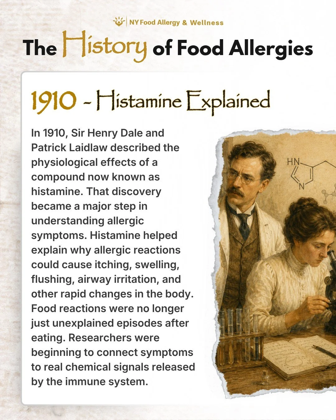 🧪 In 1910, scientists uncovered one of the biggest clues in allergy history: histamine.

Sir Henry Dale and Patrick Laidlaw described histamine&rsquo;s physiological effects, helping researchers better understand how the body could produce rapid, me