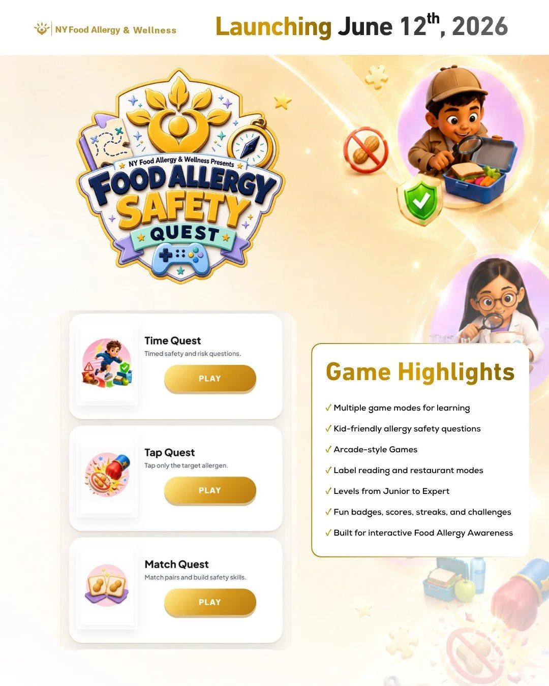 🚀 Food Allergy Safety Quest launches June 12, 2026!

Get ready to explore seven interactive game modes designed to make food allergy awareness engaging, educational, and fun. 🎮✨

Players can investigate real-life scenarios, practice reading labels,