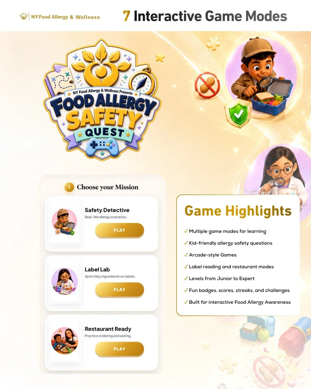 🎮 Seven game modes. One important mission.

Food Allergy Safety Quest turns food allergy education into an interactive adventure with safety scenarios, label reading, restaurant practice, timed questions, matching challenges, and more. 🔍🥪🏆

Playe