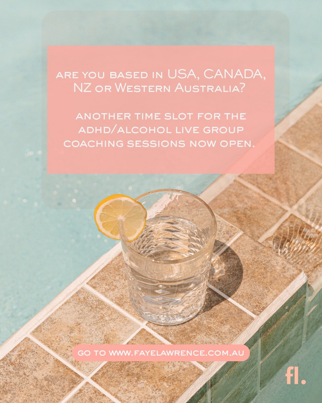 ANOTHER WEEKLY TIME OPEN! BETTER SUITED TO USA/CANADA/NZ/WESTERN AUSTRALIA. 

ADHD/ALCOHOL 8 WEEK GROUP COACHING PROGRAM. DOORS CLOSE NOON 7 JULY!! FIRST LIVE SESSION 8 JULY! 

BOOK NOW BEFORE DOORS CLOSE: https://www.fayelawrence.com.au/adhd-alcohol
