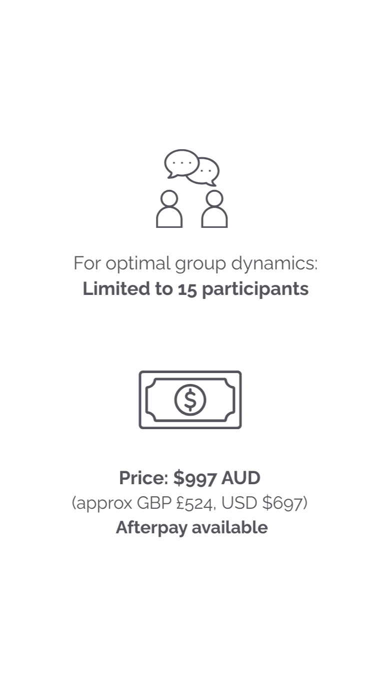 An infographic about group therapy with a drawing of two people and speech bubbles. It states that for optimal group dynamics, participation should be limited to 15 people. It also includes information about the price, which is $997 AUD (approximately 524 GBP or 697 USD), with afterpay available.