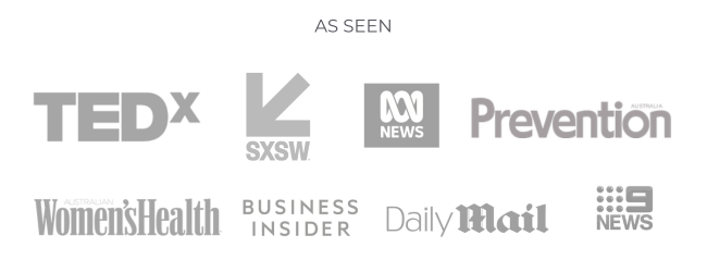 A collection of logos for TEDx, SXSW, ABC News, Prevention, Women's Health, Business Insider, Daily Mail, and 9 News