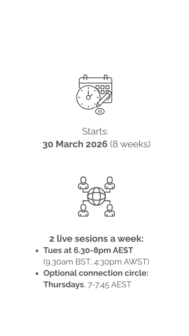 A flyer with a calendar icon, a globe with two people on either side, and information about a program starting on March 30, 2026, including details about live sessions and an optional connection circle.