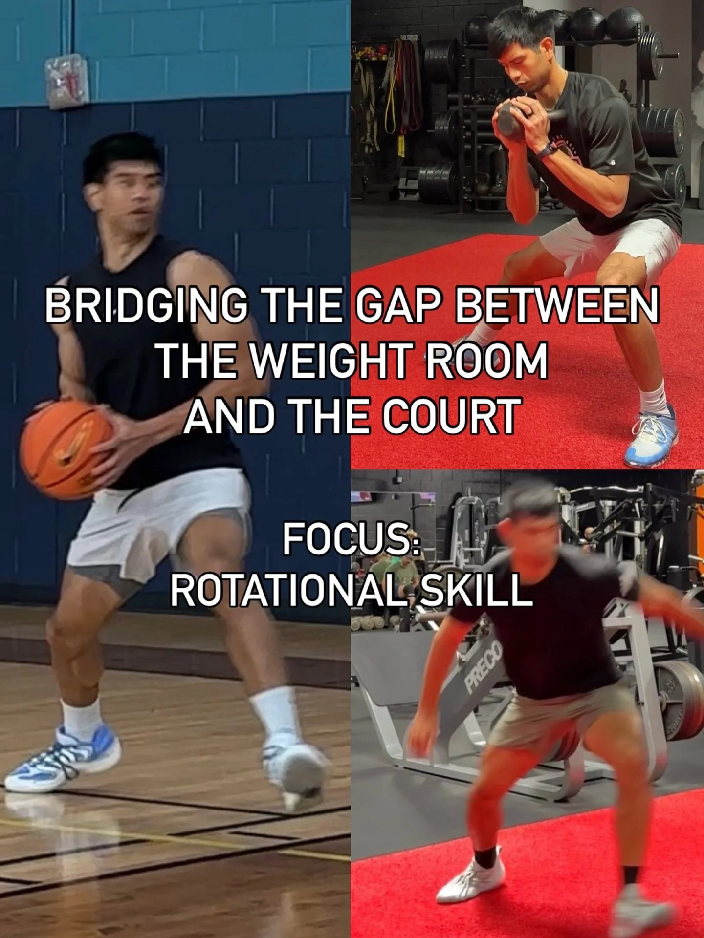 Develop Strength
Boost Movement Quality
Do the Skill

Rotational Focus 🌀

Strength: Drop Step Side Lunge
Movement: Rotational Skater Bound to Box Jump
Skill: Post Fade 

The weight room doesn&rsquo;t just need to be lifting things straight up and do
