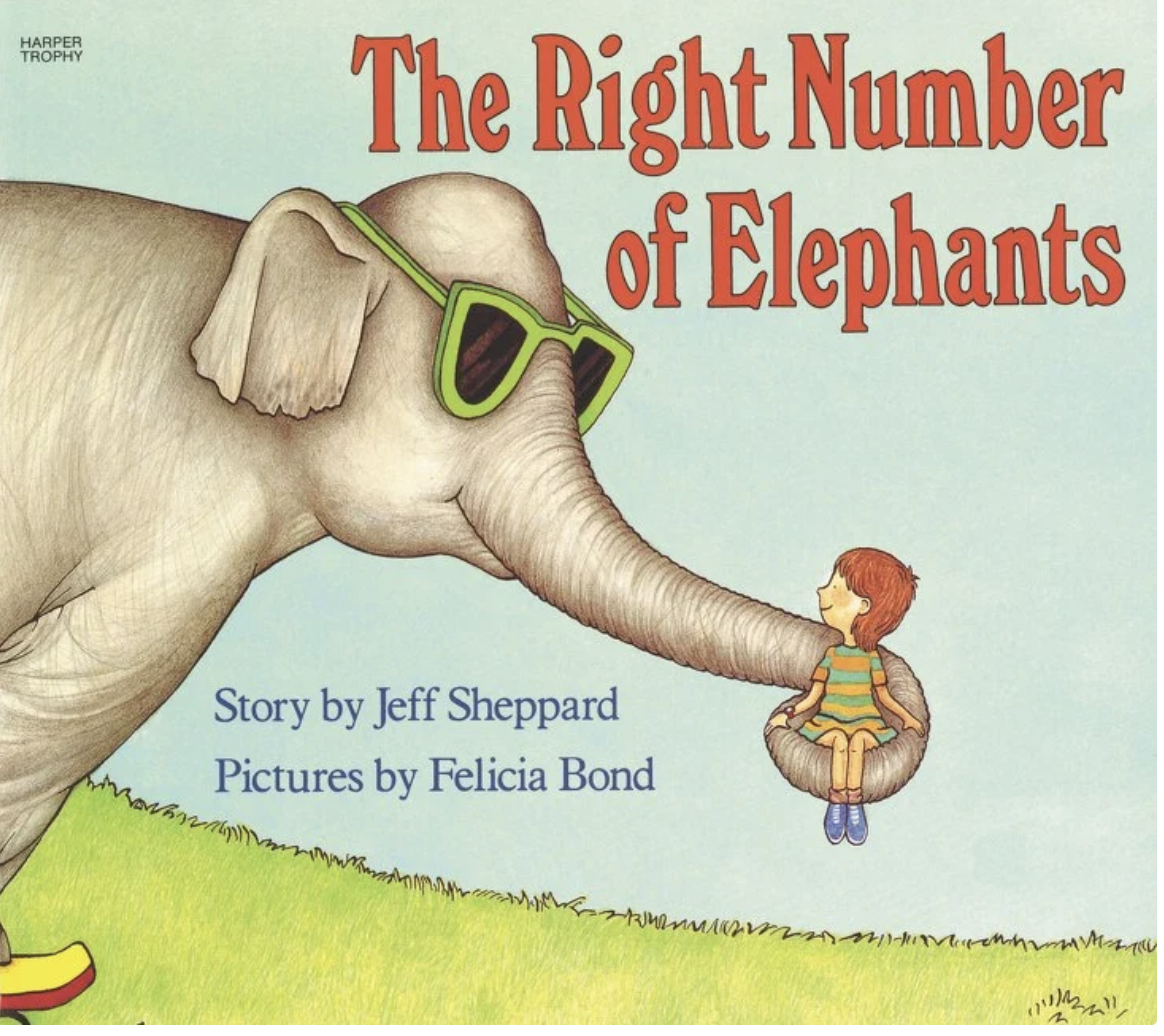 Cover of the picture book with a drawing of a grey elephant holding onto a smiling child with her trunk,