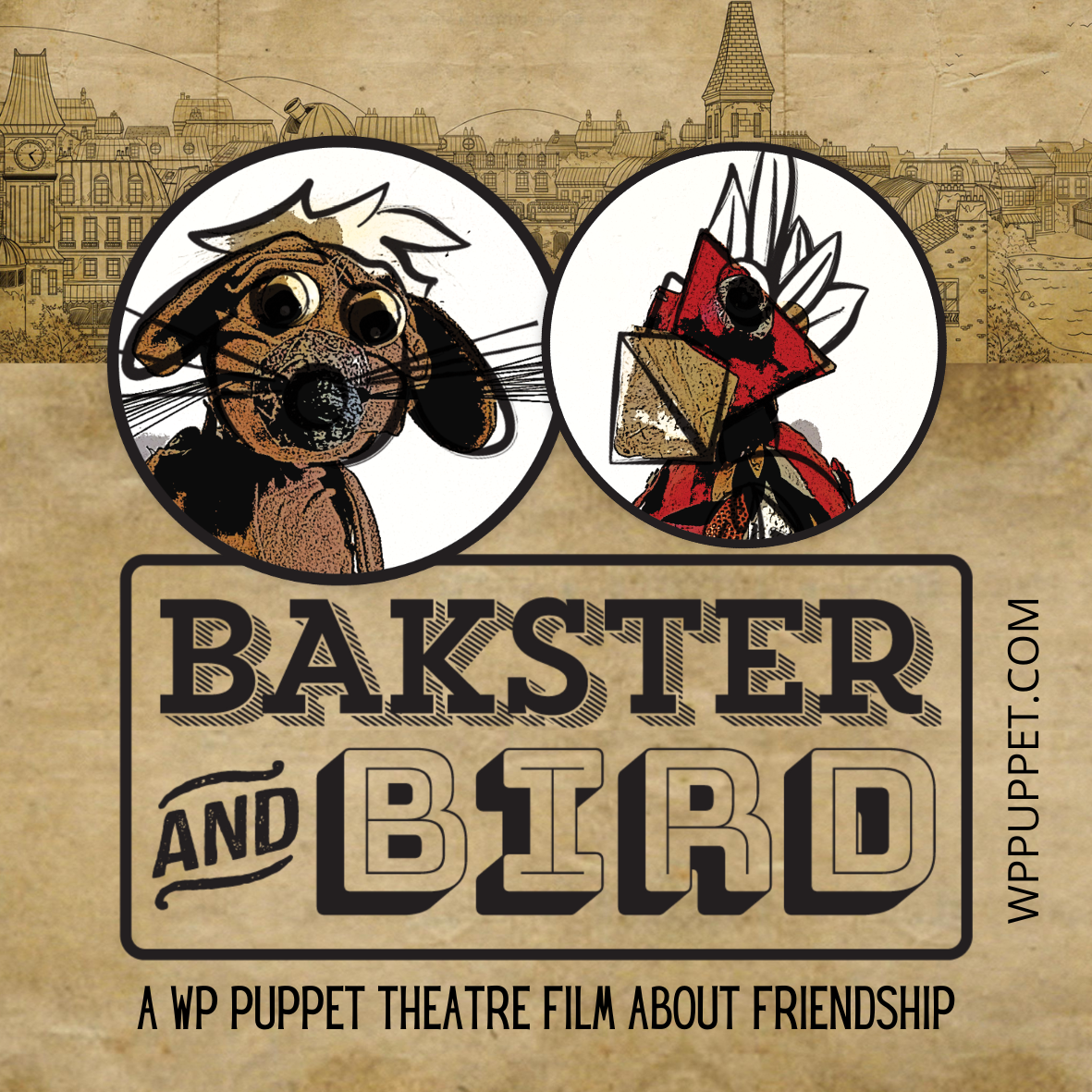 Graphic of a bird and a mouse puppet