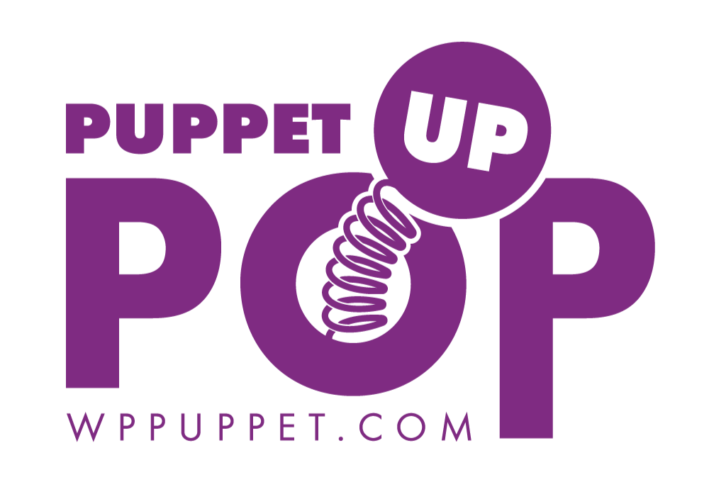 Purple logo with text "Puppet Up Pop" and a ball with "UP" and a coiled spring in purple.