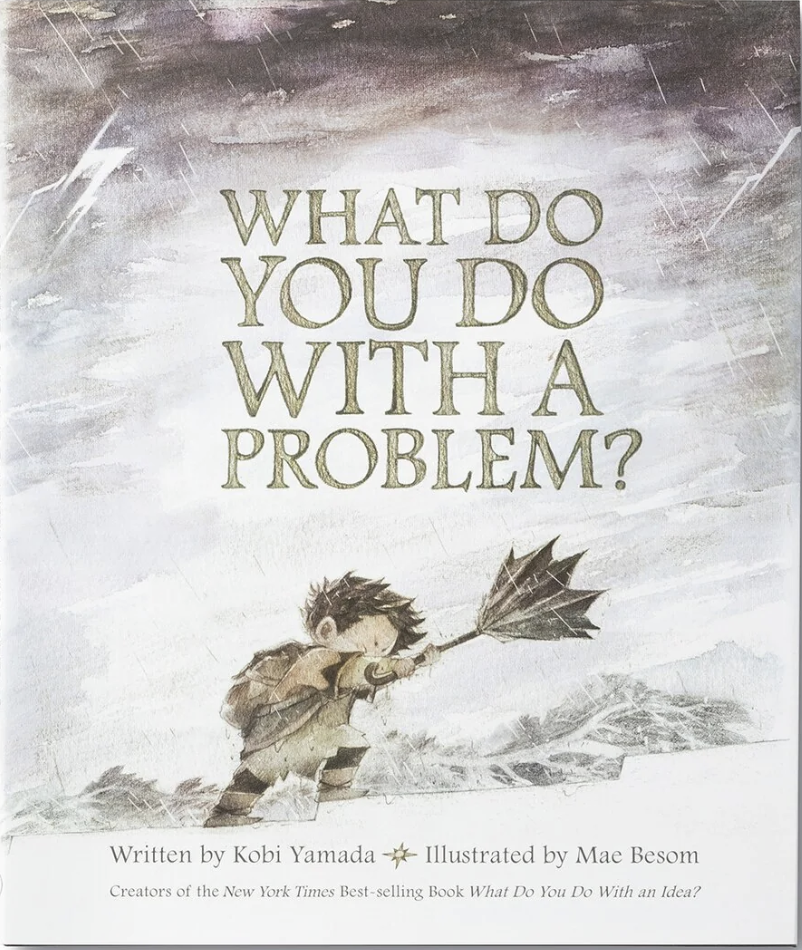 Cover of the picture book with title and drawing of a small boy with an umbrella battling against a storm