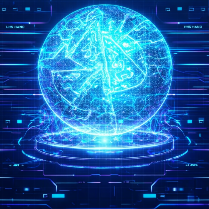glowing blue ball with graphic equations all around it. 
