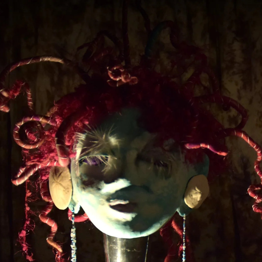 blue faces puppet with purple braids like medusa 