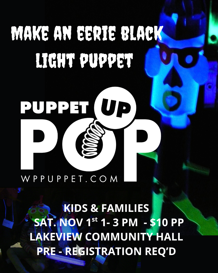 Spooky writing and dark puppet character
