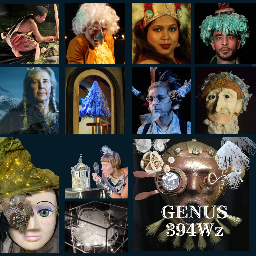 11 photos of puppets and people in the production including a cyborg looking person using a magnifying glass to look inside a bird cage.