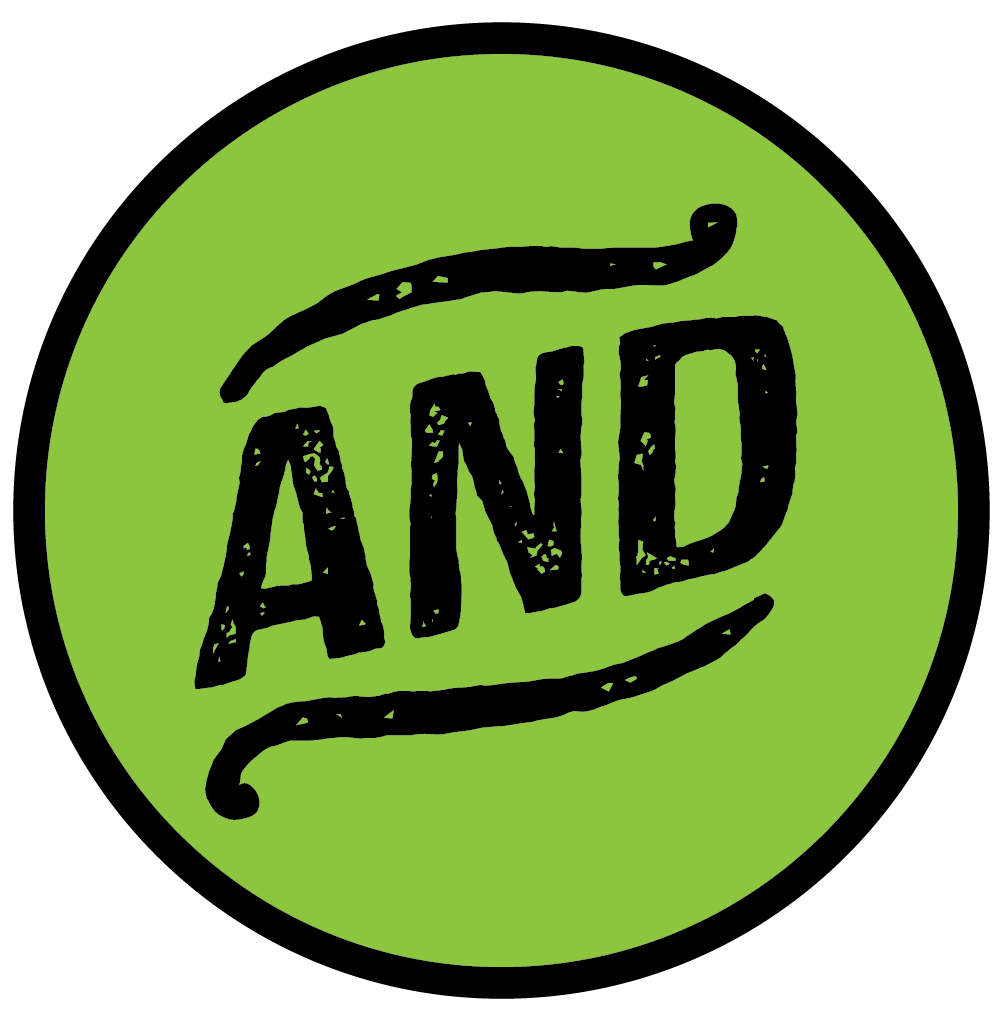 Green circular badge with the word 'AND' written in black, hand-drawn lettering, with curved lines above and below the word.